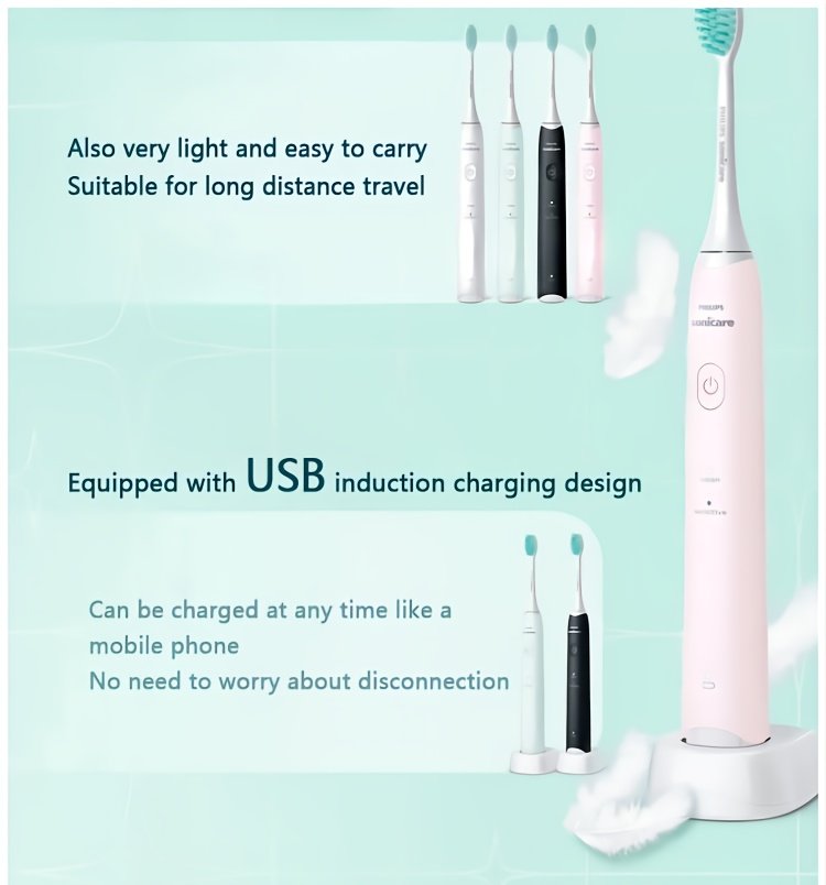 For Philips Sonicare 2100 Series HX2421 Electric Toothbrush USB Charging Base Whole Body Acoustic Vibration Soft Brush Head Two Modes 30, 000 Brush Head Movements Per Minute Pink Colour