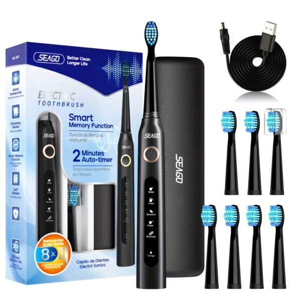 Seago Smart Electric Toothbrush for Adults - USB Rechargeable with 8 Brush Heads, 5 Cleaning Modes, 2-Minute Timer, Soft Nylon Bristles, Travel Case Included - Black & White Family Oral Care Gift