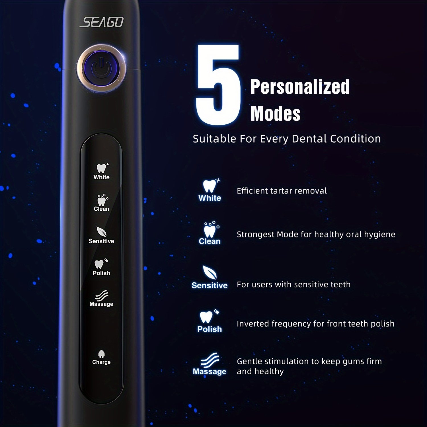 Seago Smart Electric Toothbrush for Adults - USB Rechargeable with 8 Brush Heads, 5 Cleaning Modes, 2-Minute Timer, Soft Nylon Bristles, Travel Case Included - Black & White Family Oral Care Gift