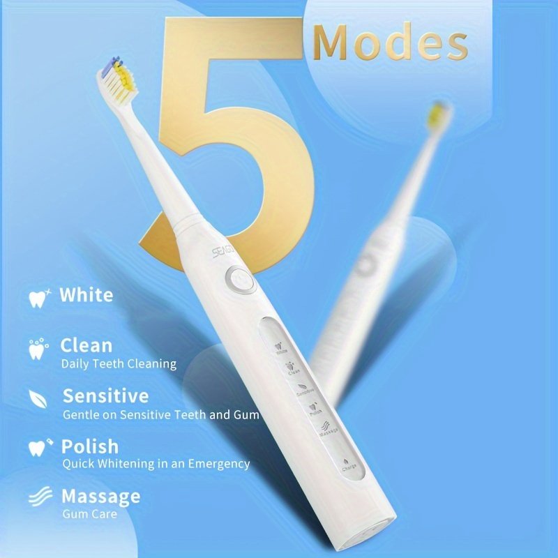 Seago Smart Electric Toothbrush for Adults - USB Rechargeable with 8 Brush Heads, 5 Cleaning Modes, 2-Minute Timer, Soft Nylon Bristles, Travel Case Included - Black & White Family Oral Care Gift