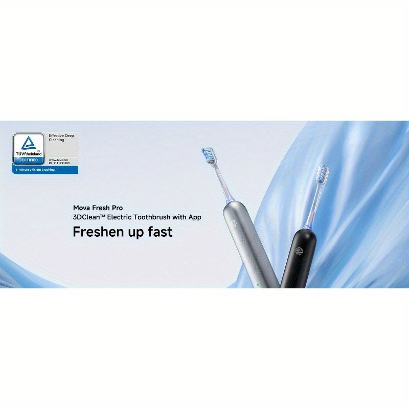 Mova Fresh Pro Electric Toothbrush with App, 3DClean Rechargeable Electric Power Toothbrush for Adults, 2 Brush Heads & Travel Case, 3-in-1 Replacement Brush Head with Holder, Matte Silvery